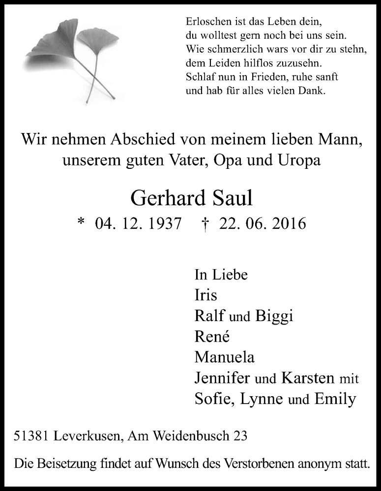  Traueranzeige für Gerhard Saul vom 02.07.2016 aus Kölner Stadt-Anzeiger / Kölnische Rundschau / Express