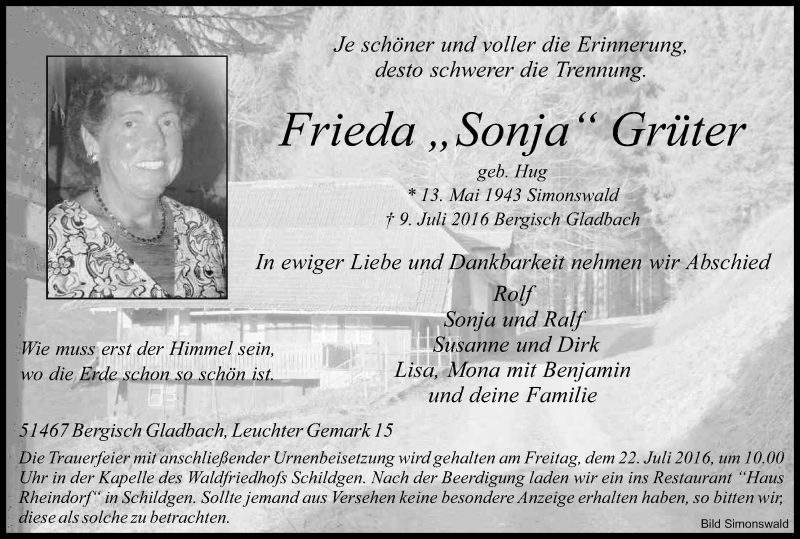 Traueranzeige für Frieda Grüter vom 16.07.2016 aus Kölner Stadt-Anzeiger / Kölnische Rundschau / Express
