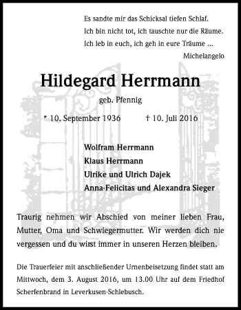 Anzeige von Hildegard Herrmann von Kölner Stadt-Anzeiger / Kölnische Rundschau / Express