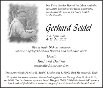 Anzeige von Gerhard Seidel von  Blickpunkt Euskirchen 