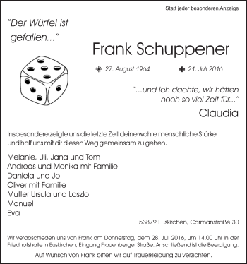 Anzeige von Frank Schuppener von  Blickpunkt Euskirchen 
