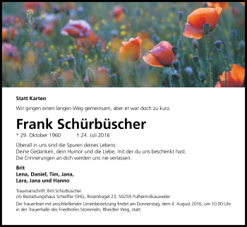 Anzeige von Frank Schürbüscher von Kölner Stadt-Anzeiger / Kölnische Rundschau / Express