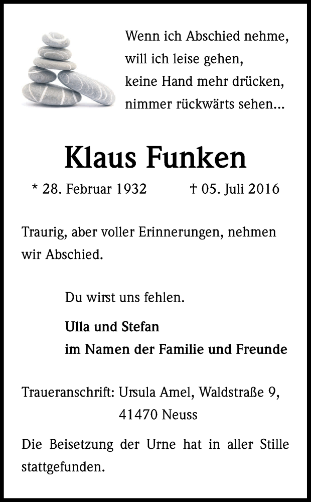  Traueranzeige für Klaus Funken vom 23.07.2016 aus Kölner Stadt-Anzeiger / Kölnische Rundschau / Express