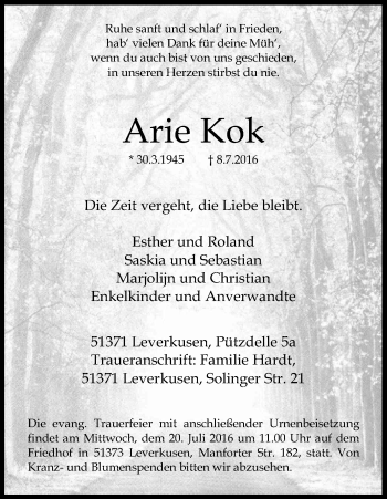 Anzeige von Arie Kok von Kölner Stadt-Anzeiger / Kölnische Rundschau / Express
