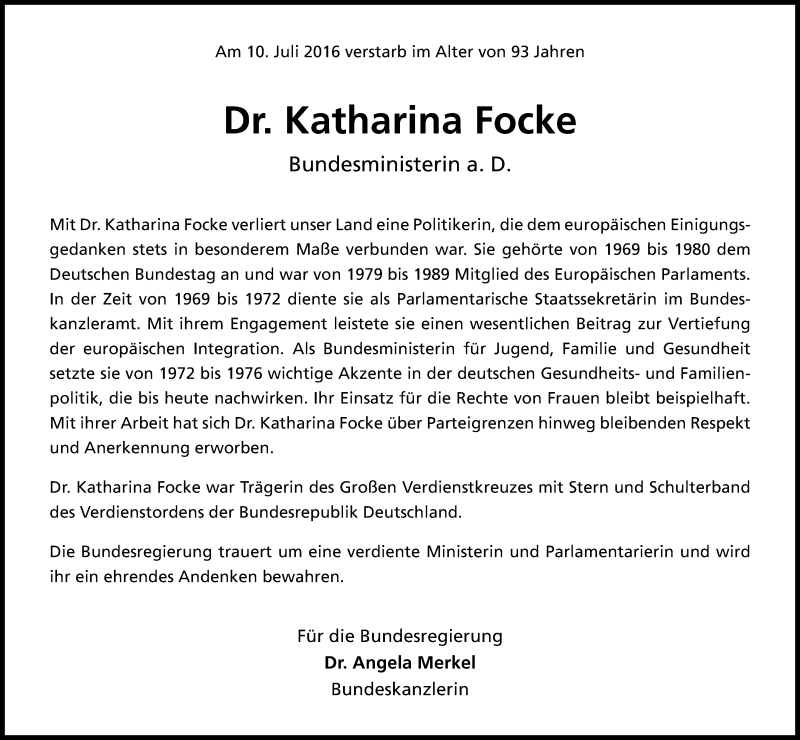  Traueranzeige für Katharina Focke vom 14.07.2016 aus Kölner Stadt-Anzeiger / Kölnische Rundschau / Express
