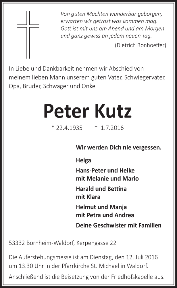  Traueranzeige für Peter Kutz vom 06.07.2016 aus  Schaufenster/Blickpunkt  Schlossbote/Werbekurier 