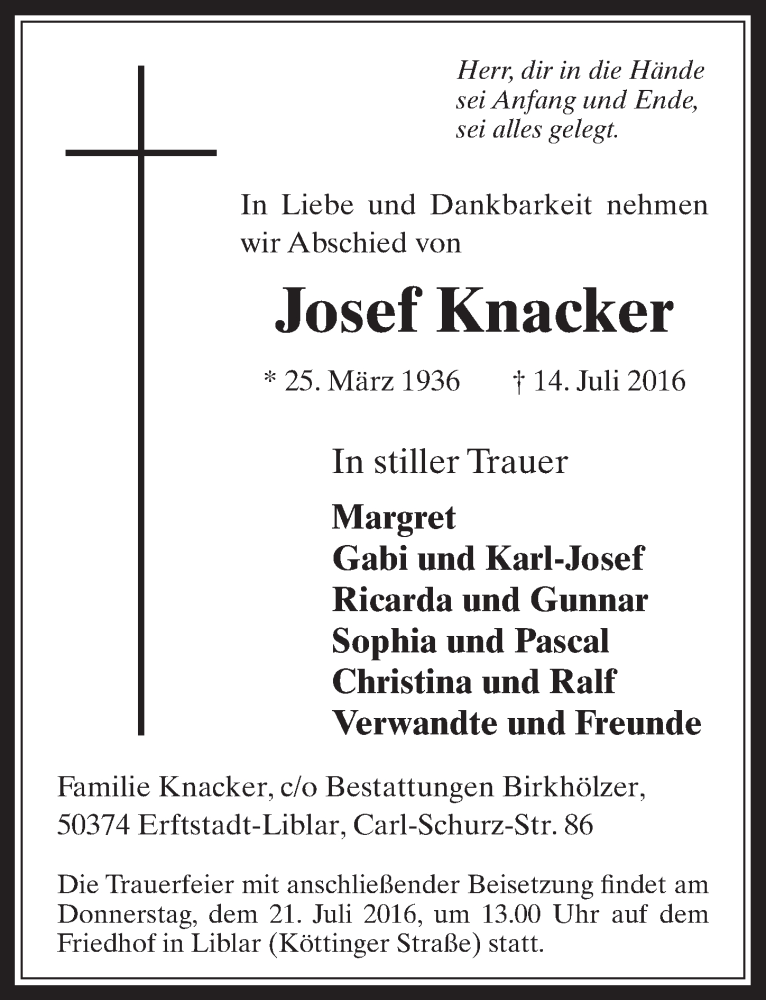  Traueranzeige für Josef Knacker vom 20.07.2016 aus  Werbepost 