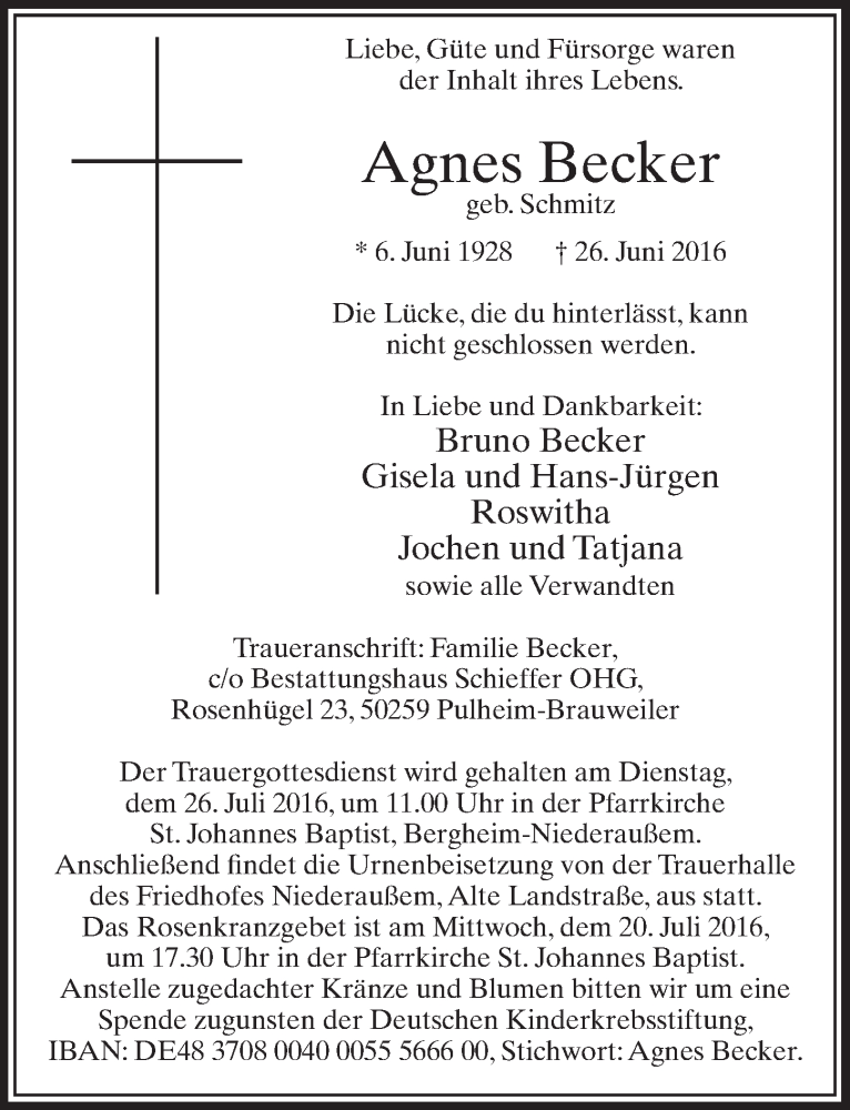  Traueranzeige für Agnes Becker vom 16.07.2016 aus  Sonntags-Post 