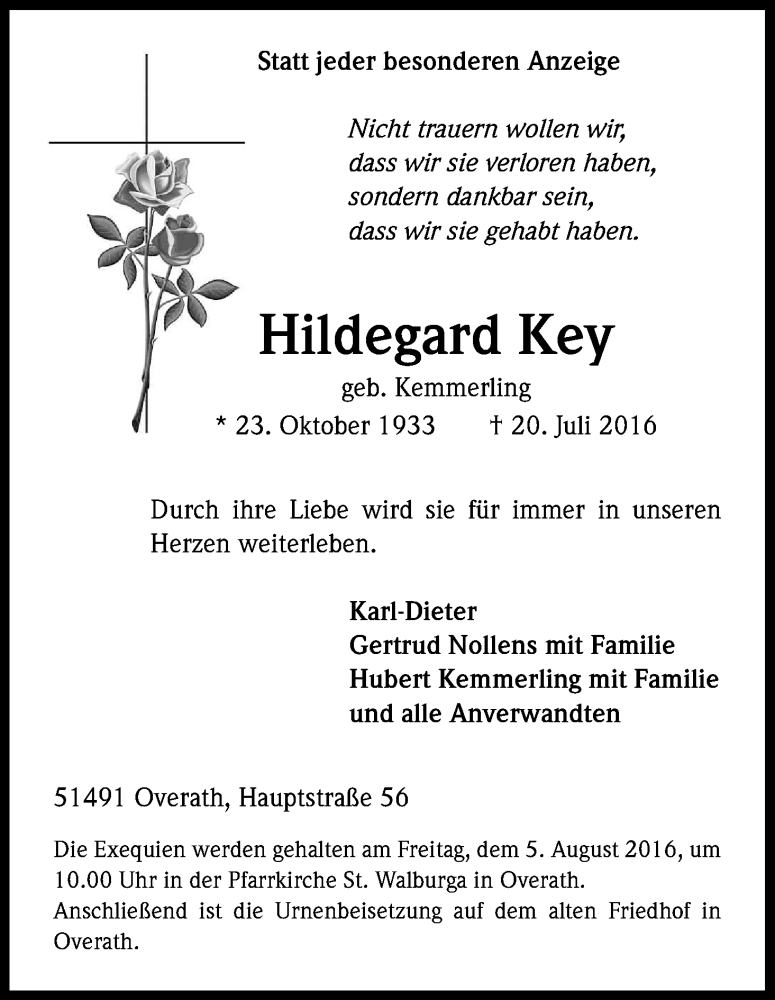  Traueranzeige für Hildegard Key vom 30.07.2016 aus Kölner Stadt-Anzeiger / Kölnische Rundschau / Express