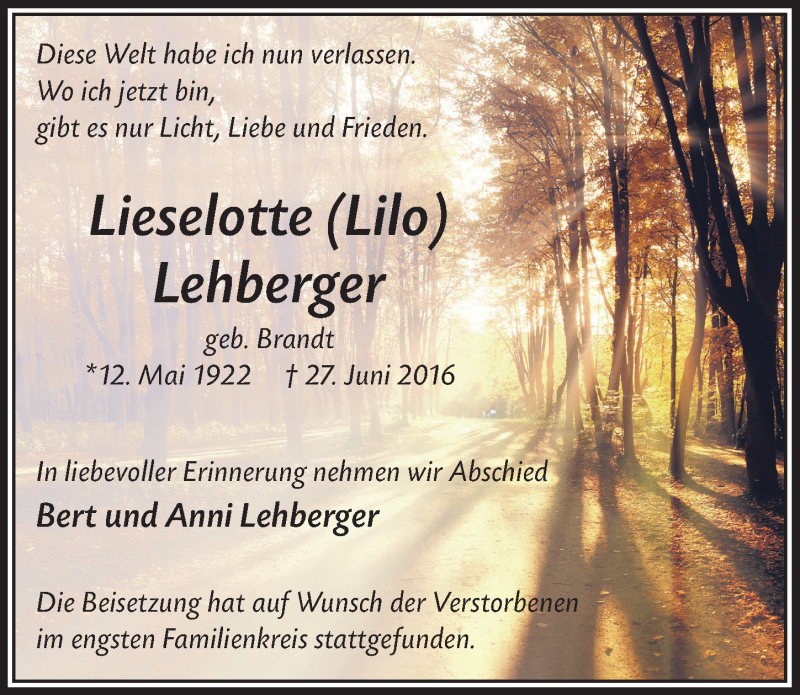  Traueranzeige für Lieselotte Lehberger vom 20.07.2016 aus  Lokale Informationen 