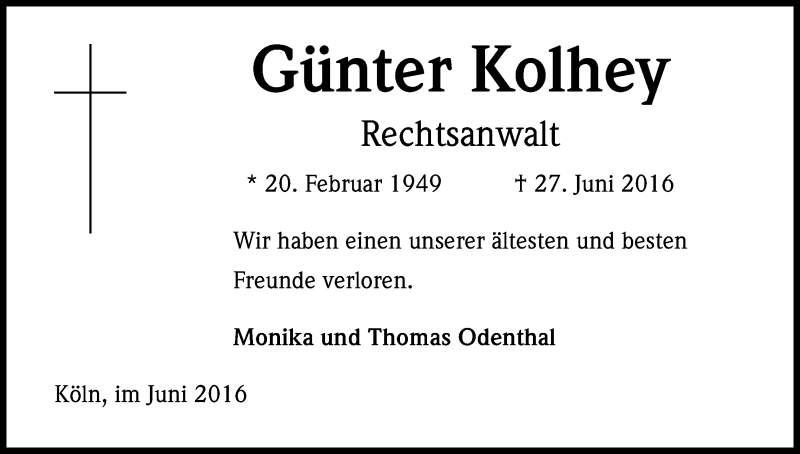 Traueranzeige für Günter Kolhey vom 09.07.2016 aus Kölner Stadt-Anzeiger / Kölnische Rundschau / Express