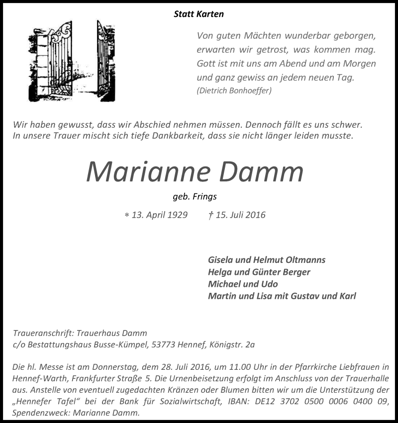  Traueranzeige für Marianne Damm vom 23.07.2016 aus Kölner Stadt-Anzeiger / Kölnische Rundschau / Express