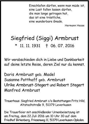 Anzeige von Siegfried  Armbrust von Kölner Stadt-Anzeiger / Kölnische Rundschau / Express