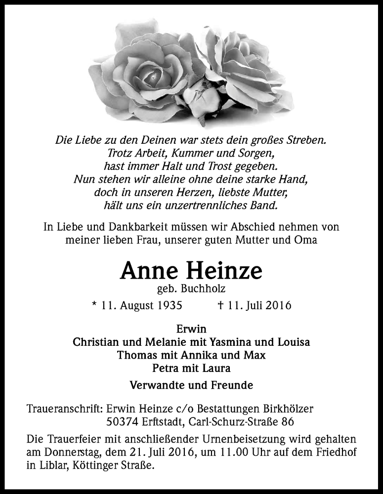  Traueranzeige für Anne Heinze vom 16.07.2016 aus Kölner Stadt-Anzeiger / Kölnische Rundschau / Express