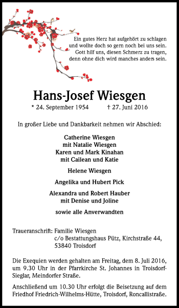 Anzeige von Hans-Josef Wiesgen von Kölner Stadt-Anzeiger / Kölnische Rundschau / Express