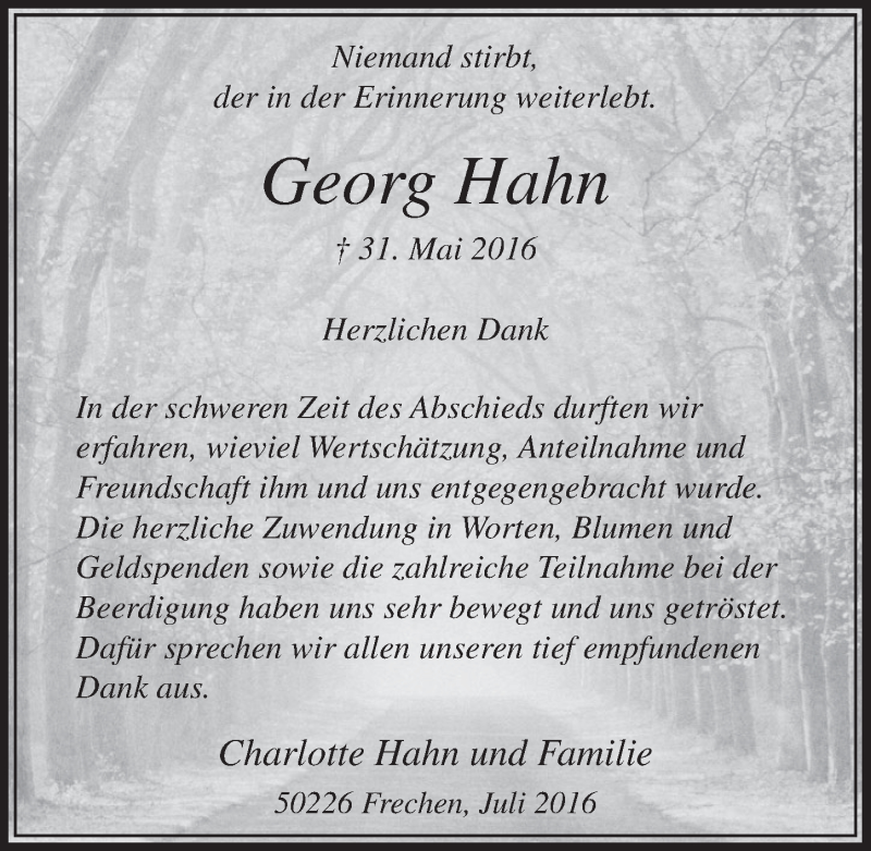  Traueranzeige für Georg Hahn vom 02.07.2016 aus  Sonntags-Post 