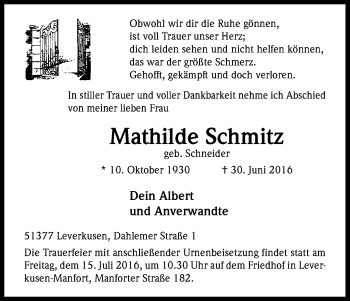 Anzeige von Mathilde Schmitz von Kölner Stadt-Anzeiger / Kölnische Rundschau / Express