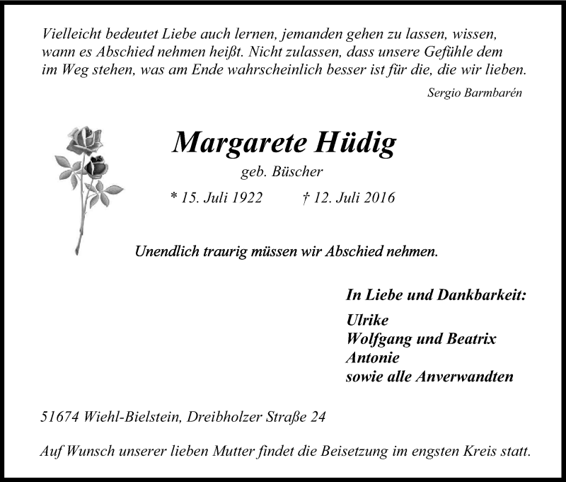  Traueranzeige für Margarete Hüdig vom 15.07.2016 aus Kölner Stadt-Anzeiger / Kölnische Rundschau / Express