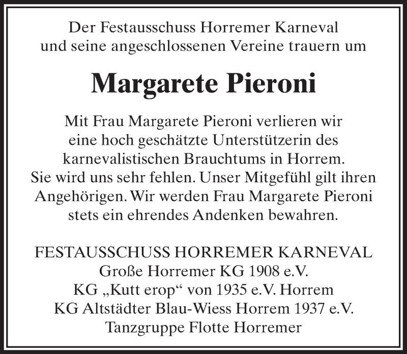  Traueranzeige für Margarete Pieroni vom 02.07.2016 aus  Sonntags-Post 