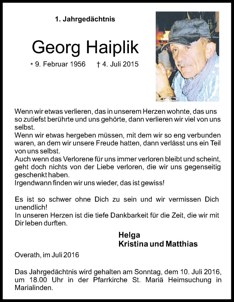 Traueranzeige für Georg Haiplik vom 04.07.2016 aus Kölner Stadt-Anzeiger / Kölnische Rundschau / Express