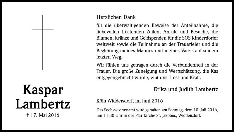  Traueranzeige für Kaspar Lambertz vom 02.07.2016 aus Kölner Stadt-Anzeiger / Kölnische Rundschau / Express