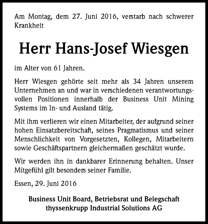  Traueranzeige für Hans-Josef Wiesgen vom 05.07.2016 aus Kölner Stadt-Anzeiger / Kölnische Rundschau / Express