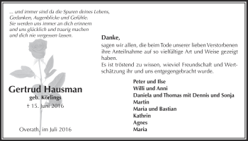 Anzeige von Gertrud Hausman von  Bergisches Handelsblatt 