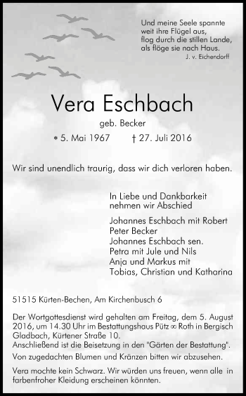 Anzeige von Vera Eschbach von Kölner Stadt-Anzeiger / Kölnische Rundschau / Express