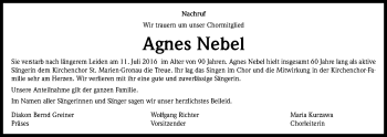 Anzeige von Agnes Nebel von Kölner Stadt-Anzeiger / Kölnische Rundschau / Express