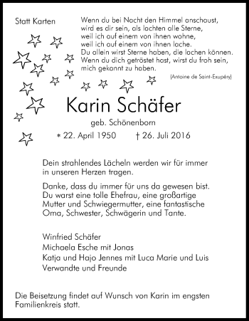 Anzeige von Karin Schäfer von Kölner Stadt-Anzeiger / Kölnische Rundschau / Express