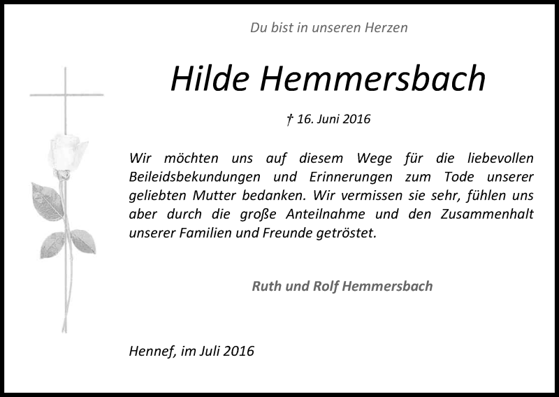  Traueranzeige für Hilde Hemmersbach vom 02.07.2016 aus Kölner Stadt-Anzeiger / Kölnische Rundschau / Express