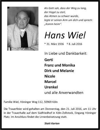 Anzeige von Hans Wiel von Kölner Stadt-Anzeiger / Kölnische Rundschau / Express