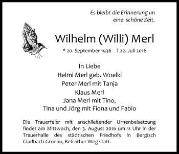 Anzeige von Wilhelm Merl von Kölner Stadt-Anzeiger / Kölnische Rundschau / Express