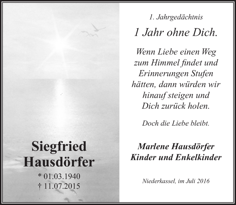  Traueranzeige für Siegfried Hausdörfer vom 13.07.2016 aus  Extra Blatt 
