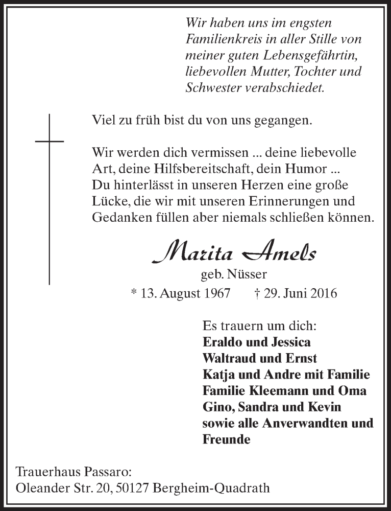  Traueranzeige für Marita Amels vom 09.07.2016 aus  Sonntags-Post 