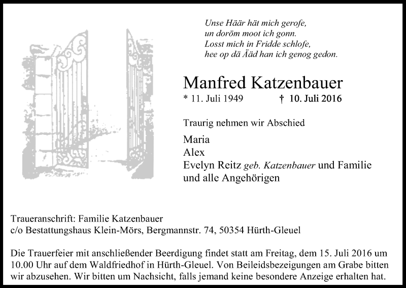  Traueranzeige für Manfred Katzenbauer vom 12.07.2016 aus Kölner Stadt-Anzeiger / Kölnische Rundschau / Express