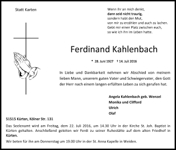 Anzeige von Ferdinand Kahlenbach von Kölner Stadt-Anzeiger / Kölnische Rundschau / Express