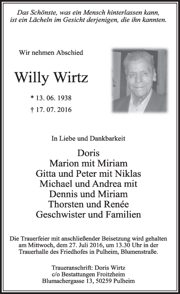  Traueranzeige für Willy Wirtz vom 23.07.2016 aus  Sonntags-Post 