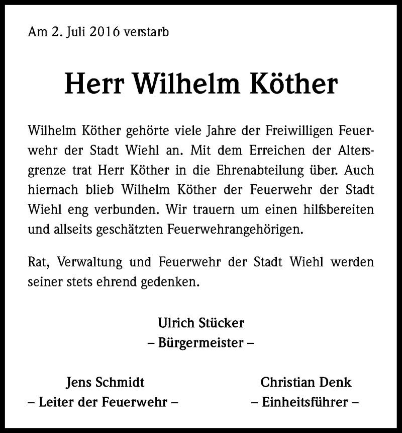  Traueranzeige für Wilhelm Köther vom 26.07.2016 aus Kölner Stadt-Anzeiger / Kölnische Rundschau / Express
