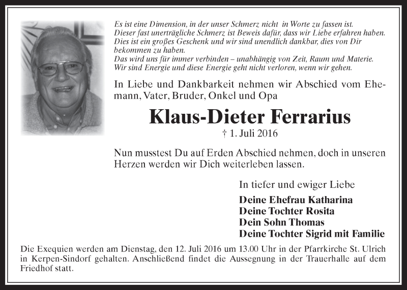  Traueranzeige für Klaus-Dieter Ferrarius vom 06.07.2016 aus  Werbepost 
