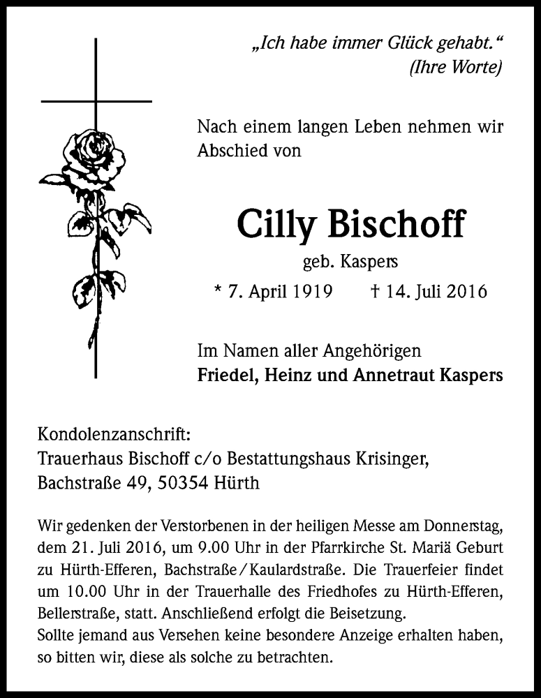  Traueranzeige für Cilly Bischoff vom 16.07.2016 aus Kölner Stadt-Anzeiger / Kölnische Rundschau / Express