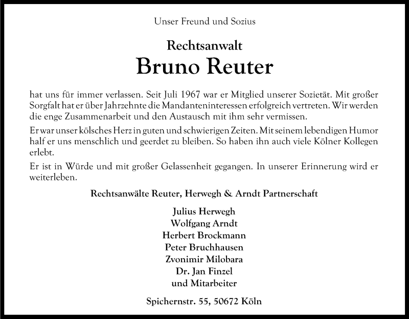  Traueranzeige für Bruno Reuter vom 27.07.2016 aus Kölner Stadt-Anzeiger / Kölnische Rundschau / Express