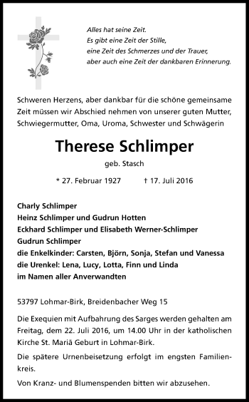 Anzeige von Therese Schlimper von Kölner Stadt-Anzeiger / Kölnische Rundschau / Express