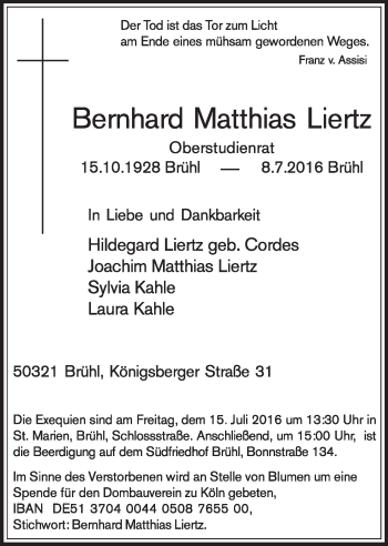 Anzeige von Bernhard Matthias Liertz von  Schlossbote/Werbekurier 
