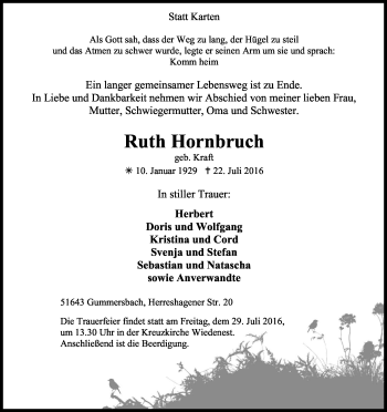Anzeige von Ruth Hornbruch von Kölner Stadt-Anzeiger / Kölnische Rundschau / Express