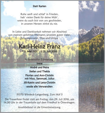Anzeige von Karl-Heinz Franz von  Lokalanzeiger 