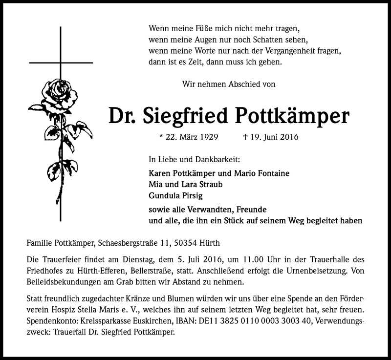 Traueranzeige für Siegfried Pottkämper vom 02.07.2016 aus Kölner Stadt-Anzeiger / Kölnische Rundschau / Express