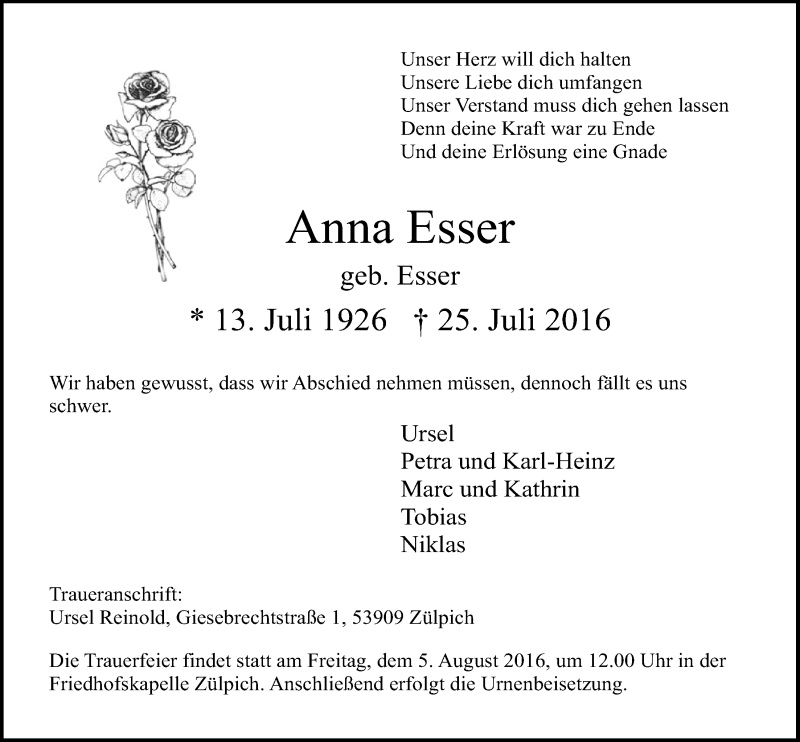 Traueranzeige für Anna Esser vom 30.07.2016 aus  Blickpunkt Euskirchen 
