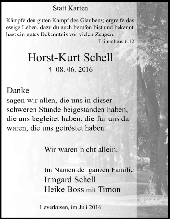 Anzeige von Horst-Kurt Schell von Kölner Stadt-Anzeiger / Kölnische Rundschau / Express