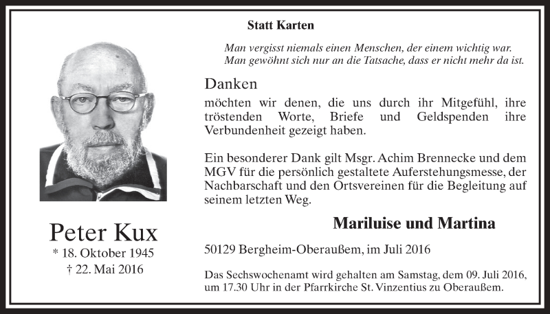  Traueranzeige für Peter Kux vom 02.07.2016 aus  Sonntags-Post 